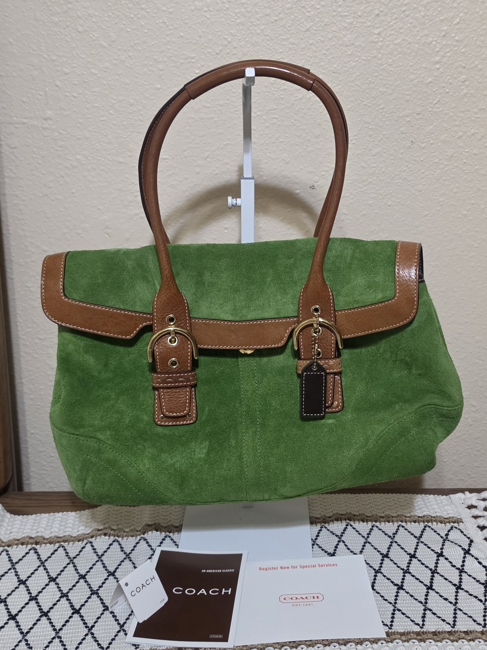 Coach Green Suede Shoulder Bag with Brown Leather TrimVintage Y2K